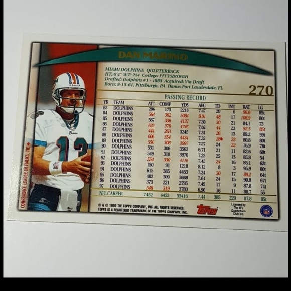 1998 Topps Dan Marino NFL Trading Card #270 - Picture 3 of 3